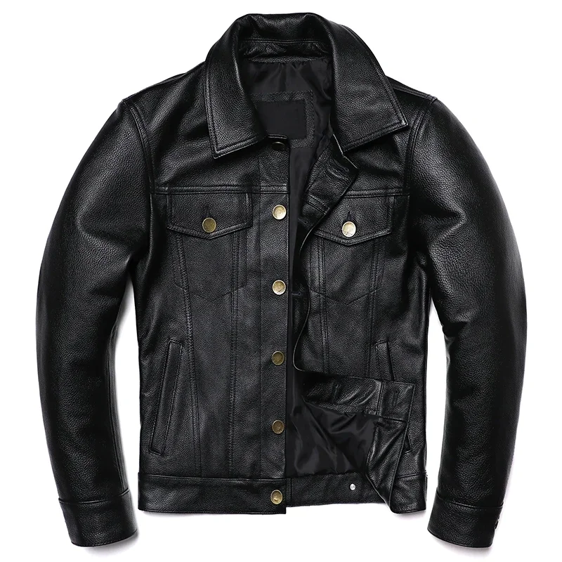 2025 New Cowboy Genuine Leather Jacket Men's Natural Cowhide Slim Short Coat Casual Style Single Breasted Fashion Clothes