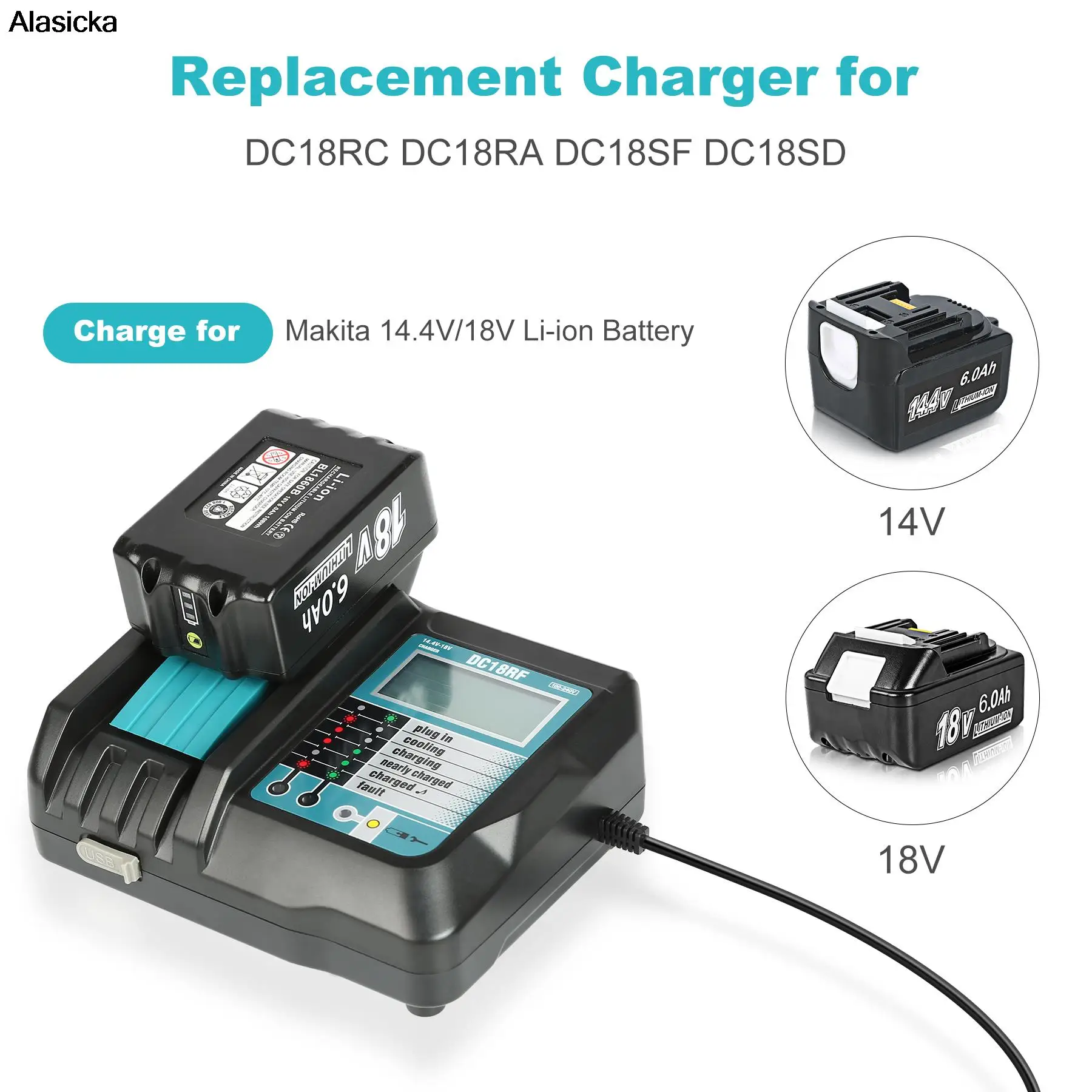 14.4V/18V 3.5A Li-ion Battery Charger For Makita DC18RF BL1840 BL1830 BL1430 BL1440 DC18RC 3.5A Charging Tool With USB Port