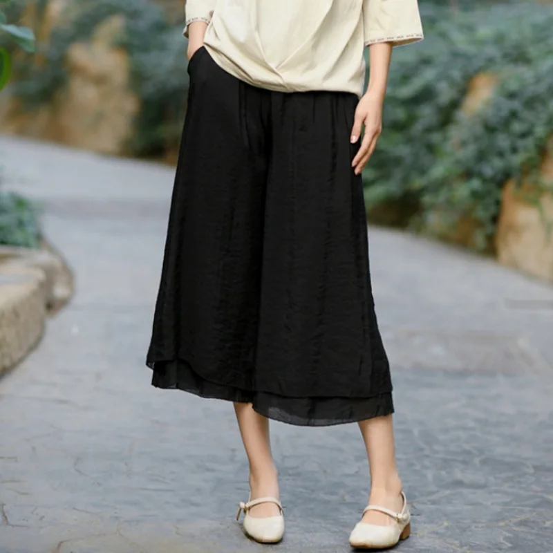 

Chinese Women's Summer Wide Leg Pants Women Draped White Fairy Zen Small Casual Pants Retro