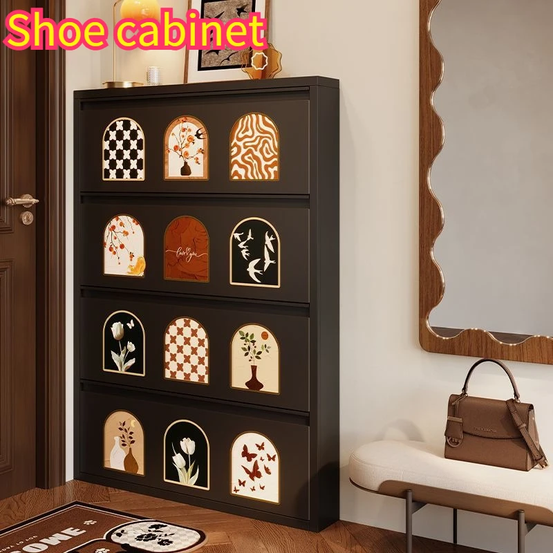 

Ancient Style Ultra Thin Shoe Cabinet Household Use Doorway Steel Extremely Narrow Log in Entrance Storage Shoe Rack Dustproof