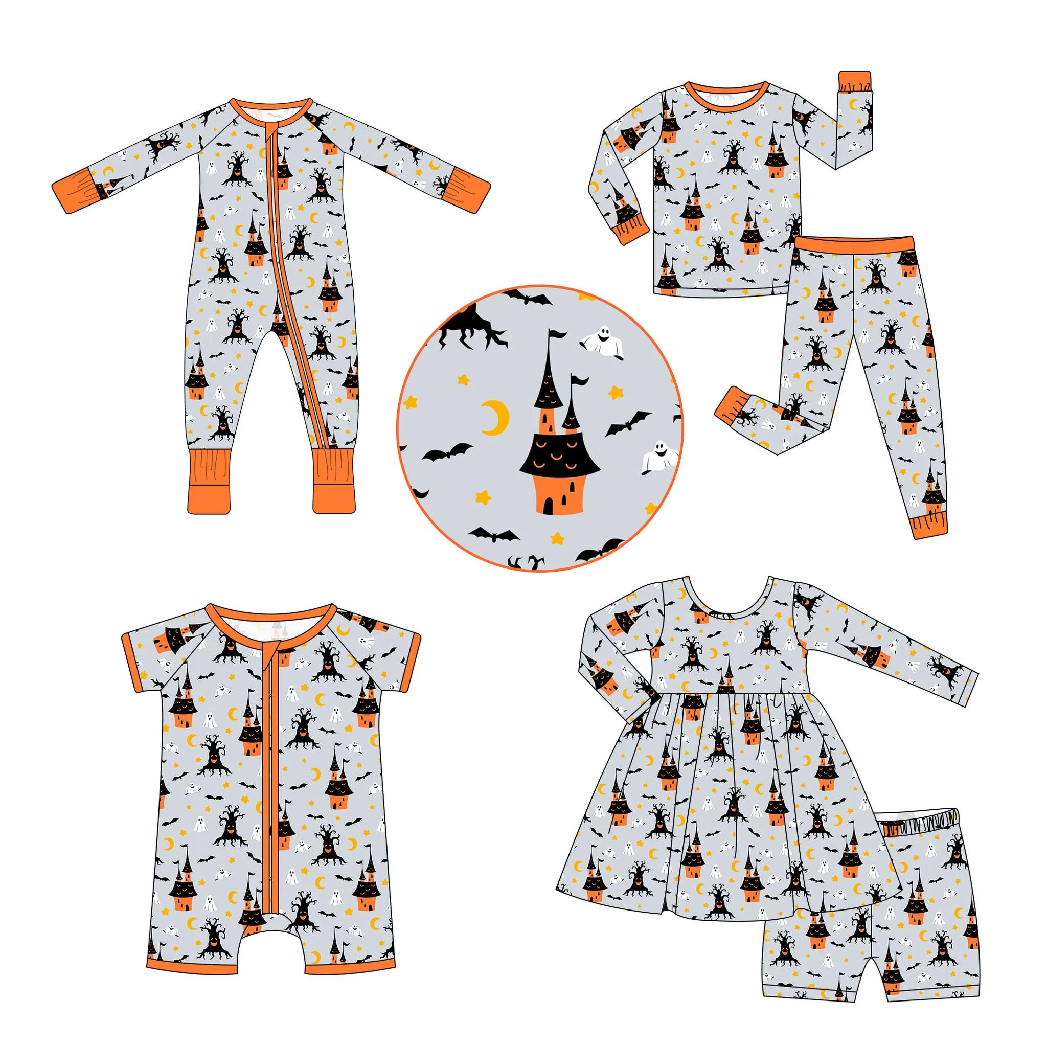 

Halloween Series Children's clothing wholesale Scary Spooky Bat Pattern Long Sleeve Two Piece Set Romper Boutique Children's Set