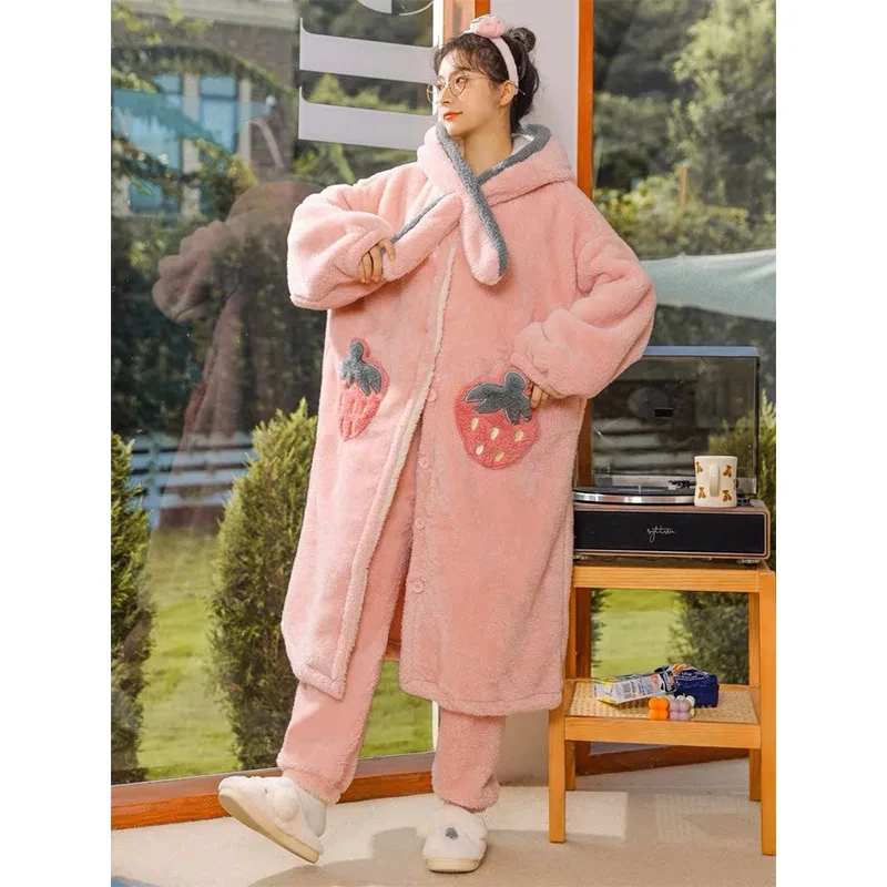 2023 Strawberry Robe for Women Hooded Sleepwear Fleece Night Wears Nightdress Winter Pajama Nightgown Long Sleeve Warm Homewear