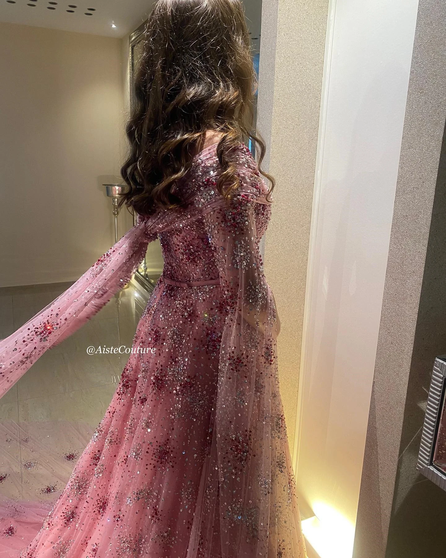 FATAPAESE  Customized Sparking Prom Gown with Cap Tulle Long Fluffy Sleeve Fully Sequin Flower Fabric Cathedral Tail Formal Ball