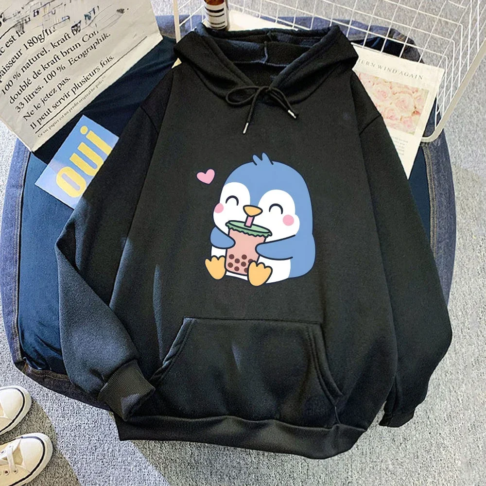 Bubble Boba Milk Tea Cartoon Hoodies Women\'s Sweatshirts Penguin Graphic Unisex Clothes Kawaii Anime Harajuku Casual Hoodie Top