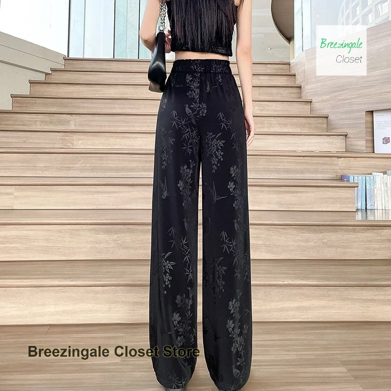 French style black jacquard ice silk wide-leg pants women's summer thin loose slim fashion temperament straight casual pants.