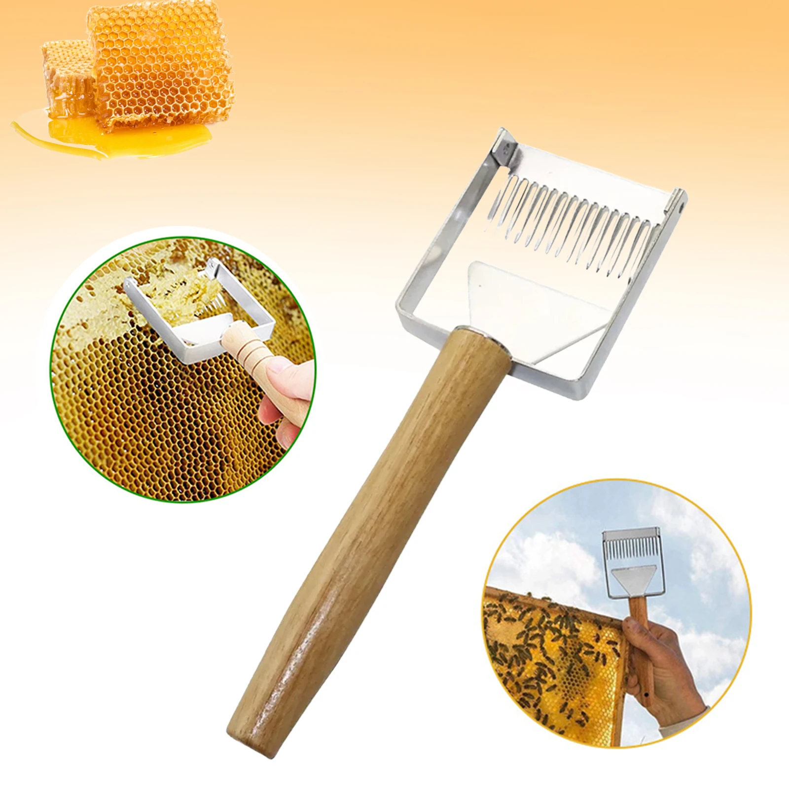 Raspador de mel com cabo de madeira, aço inoxidável, garfo de abertura em favo de mel, raspador de apicultura, suprimentos para apicultura
