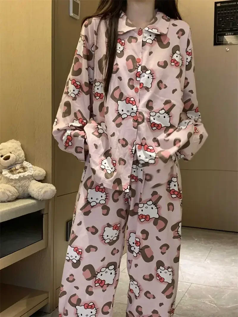 Sanrio Leopard Print HelloKitty Pajamas Women Spring and Autumn Long Sleeves Trousers Loose Comfortable Girly Pajamas KawaiiGift