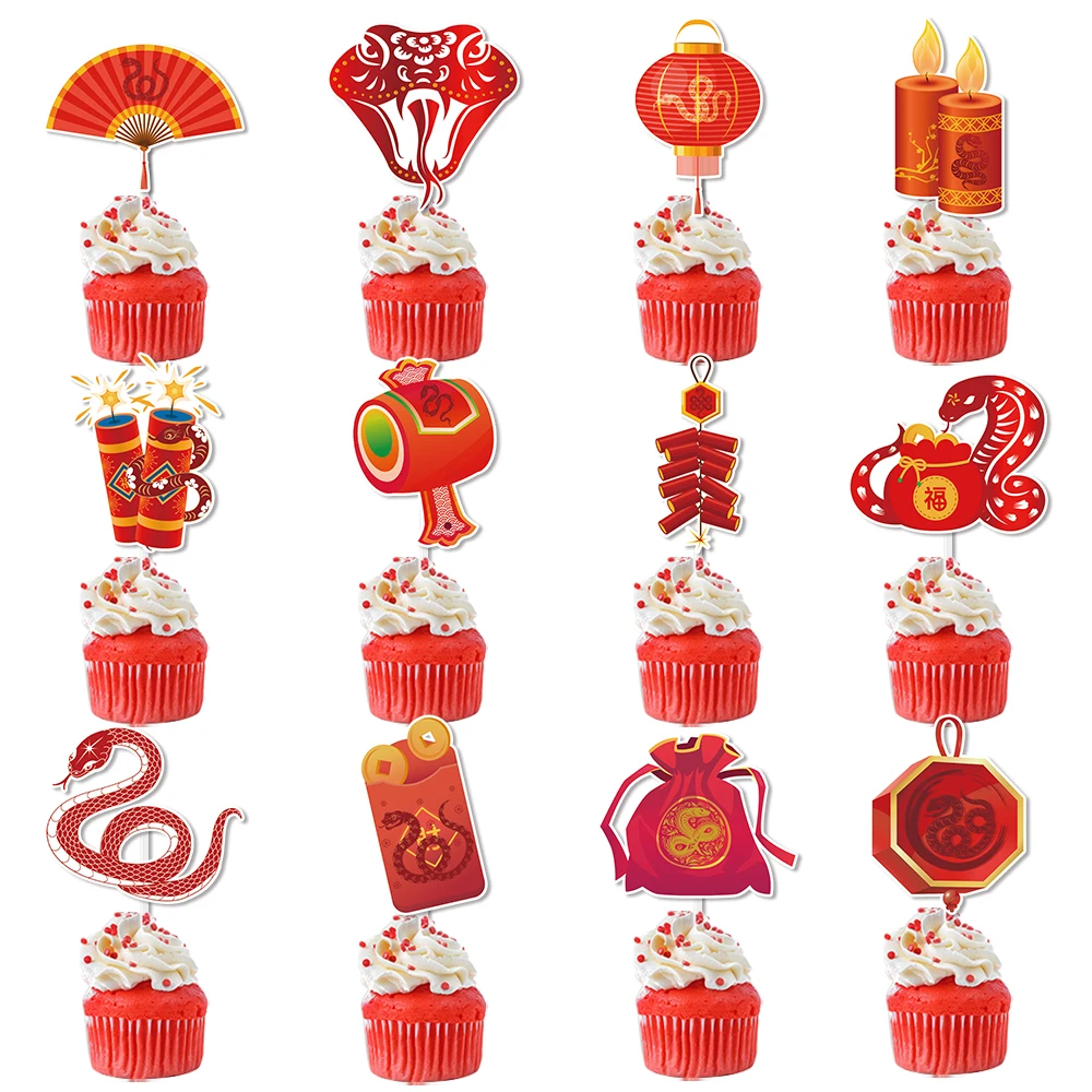 12/24pcs Chinese New Year Cupcake Toppers New Year Party Cake Decor New Year of Snake Lunar Chinese Spring Festival Decor