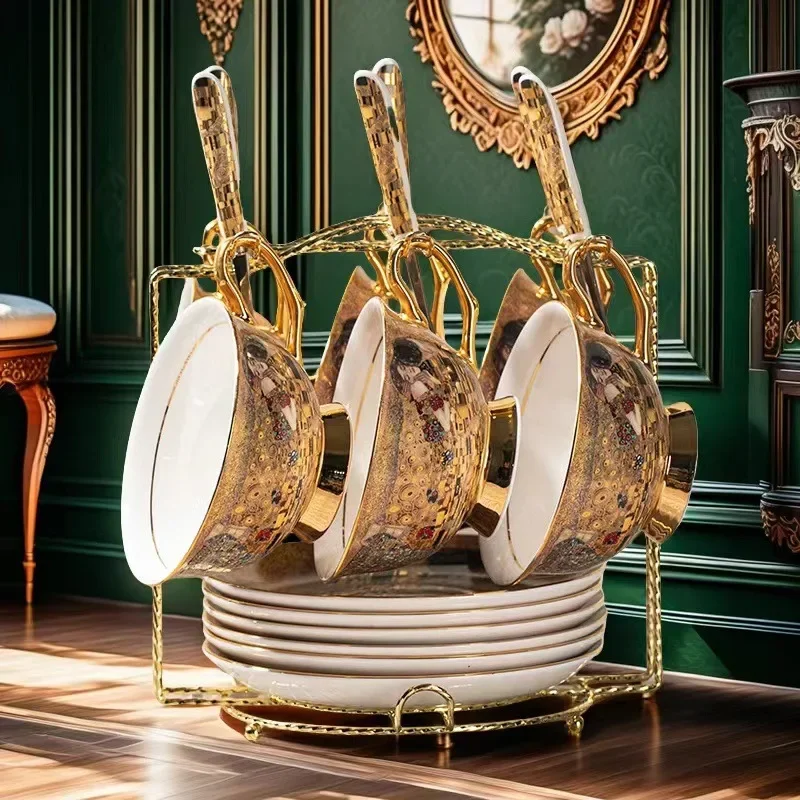 

Luxury Bone China Coffee Set Porcelain Coffee Cup and Saucer Set of 6 with Gold Rack Ceramic Tea Cups Afternoon Teatime