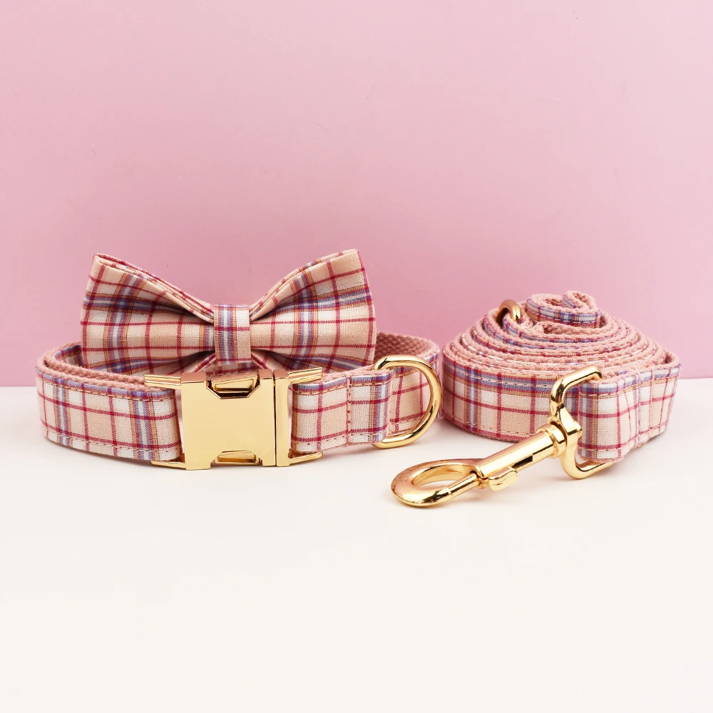 Rosa kariertes Hundehalsband und Leinen-Set für Hunde, individuell graviertes Namensschild, Haustierbedarf, Hundeleine, personalisiertes Hundegeschirr – Detail 6