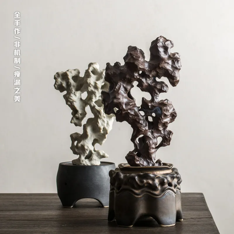 Creative handmade Taihu stone rockery censer, Chinese tower ceramic decor for study and living space