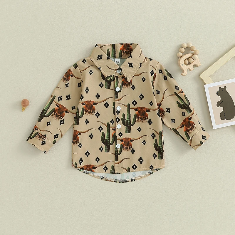 2023-07-19 Lioraitiin 6M-4T Baby Boy Clothes Western Cow Print Shirt Long Sleeve Country Dress Shirt Tops Toddler Outfit