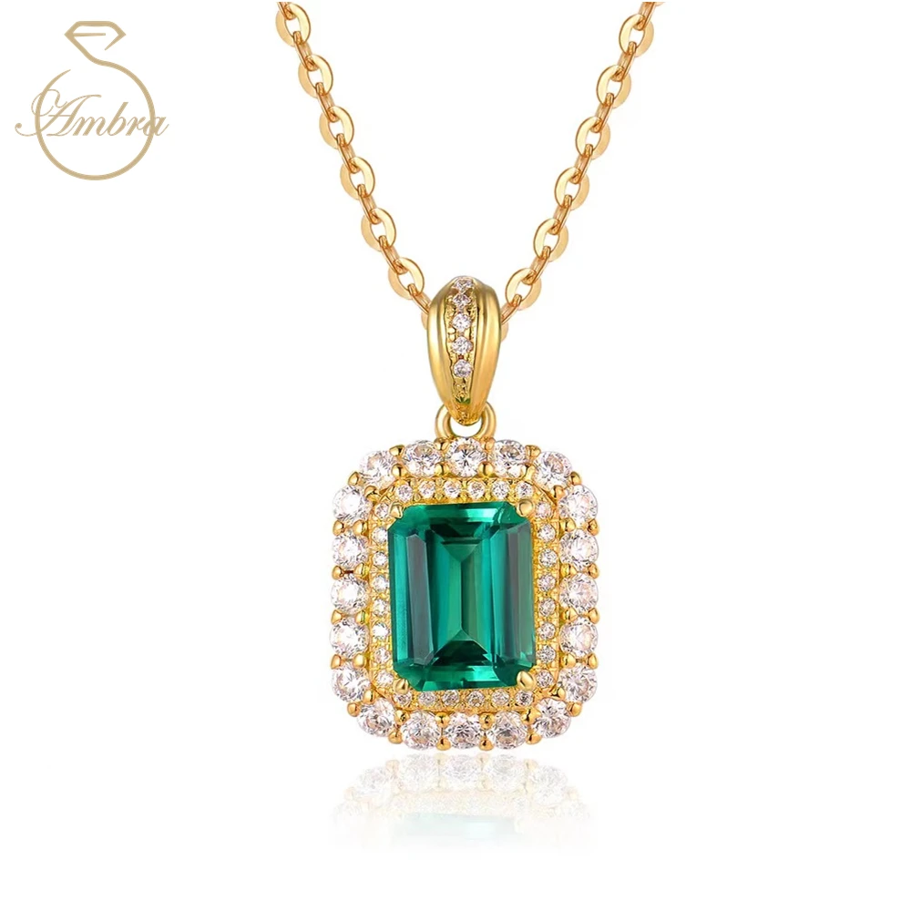 Ambra Jewelry 18K White Gold Color Classic Emerald Necklaces for Women Sterling Silver Pendant Girls Jewel