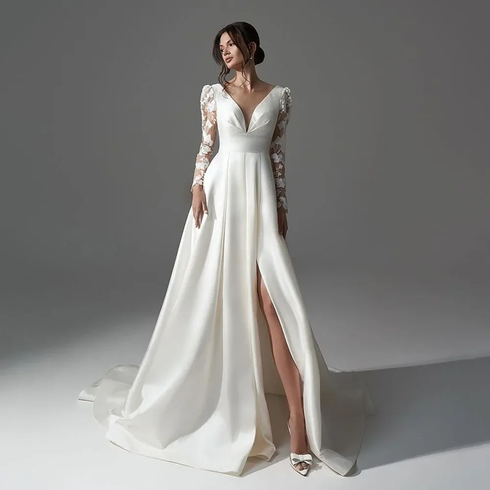 

Women Bridal Dress Backless Side Slit Bride Gown Elegant Wedding Dress Satin A-line Lace Long Sleeve Customized