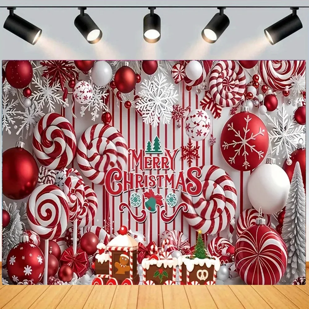 Christmas Sugarcane Candy Bell Shaped Ball Pattern Themed Banner Backdrop, Christmas Party, Home Decoration Photography Backdrop