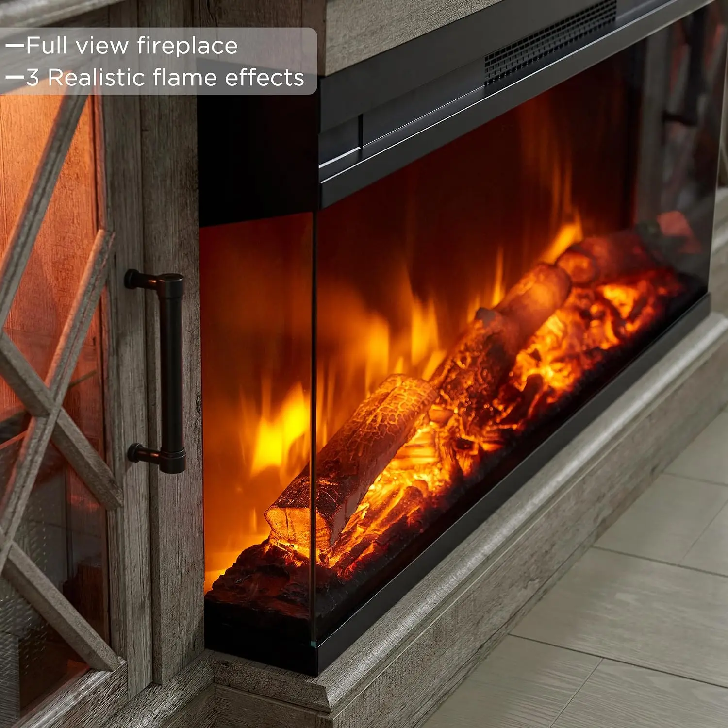 Glass Farmhouse Fireplace TV Stand  Entertainment Center Glass Door Cabinet 70