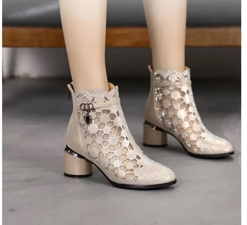 Women Leather Mesh Boots  Rhinestone Summer Shoes Pointed Toe Ankle Botas Thick Heel Hollow Out Back Zip 2023