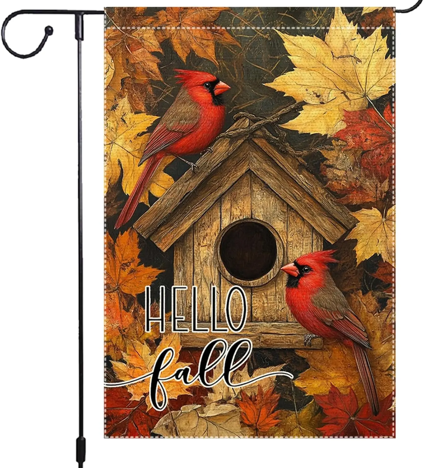 Bandera de jardín cardinal de Hello Fall, decoración exterior de hojas de arce de casa de pájaros de patio de otoño, pájaro rojo de granja de doble cara de 12x18 pulgadas LLE