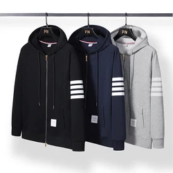 Spring and Autumn Sweater Men's Cardigan Zipper Four-bar Casual Jacket Cotton Large Size Loose Couple Sports Hooded Top Hoodie