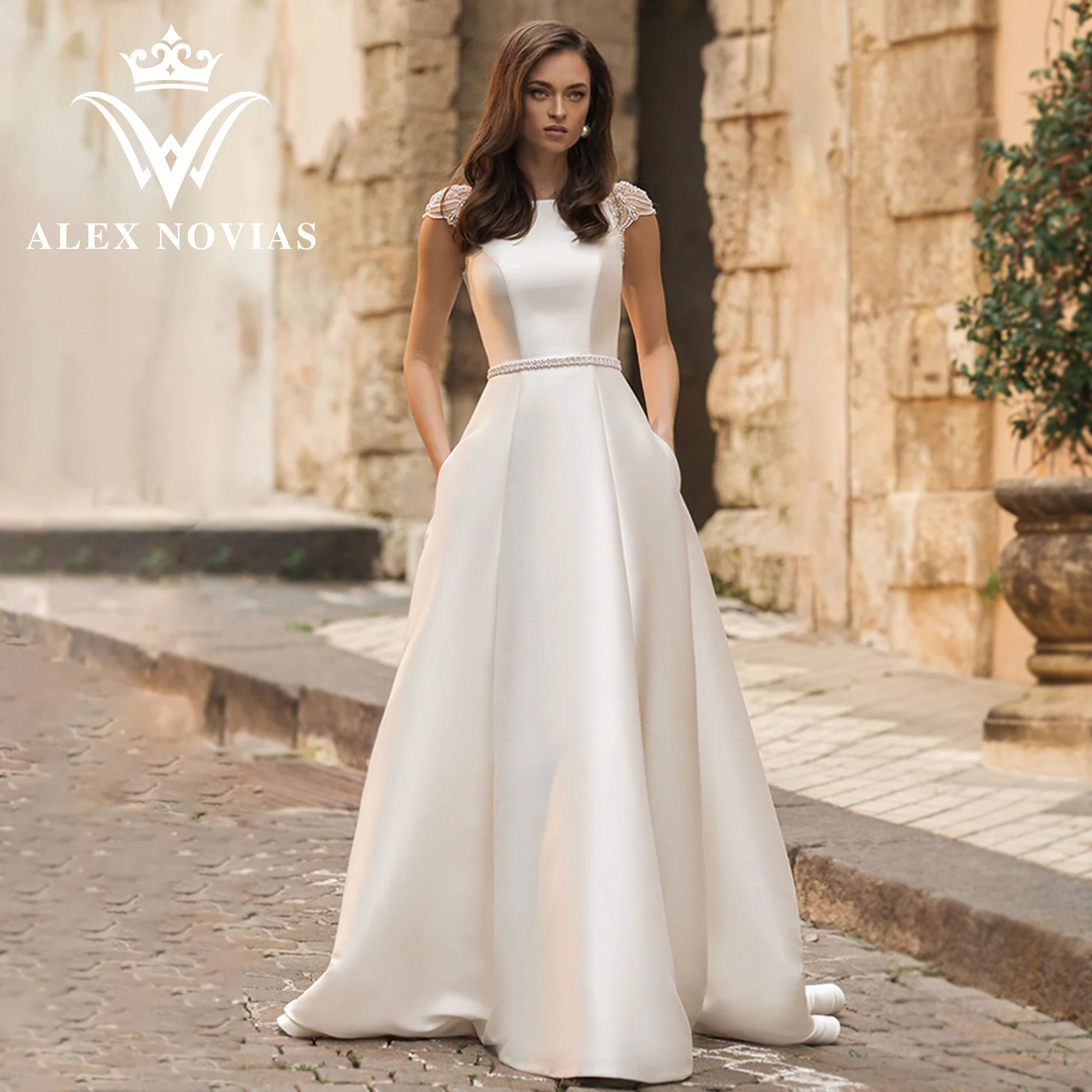 

ALEX NOVIAS A-Line Satin Wedding Dress Short Sleeve 2023 SCOOP Beading Belt Stunning Wedding Gown Slim Vestidos Novias De Saten