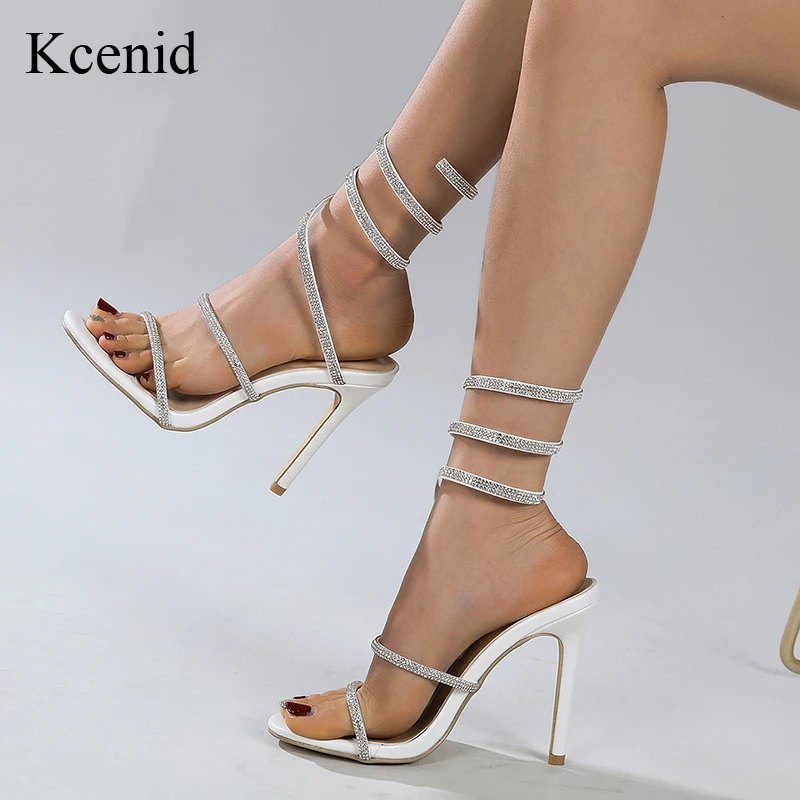 Kcenid New Women Rhinestone Snake Shape High Heels Party Shoes Sexy Open Toe Runway Stilettos Crystal Wedding Gladiator Sandals