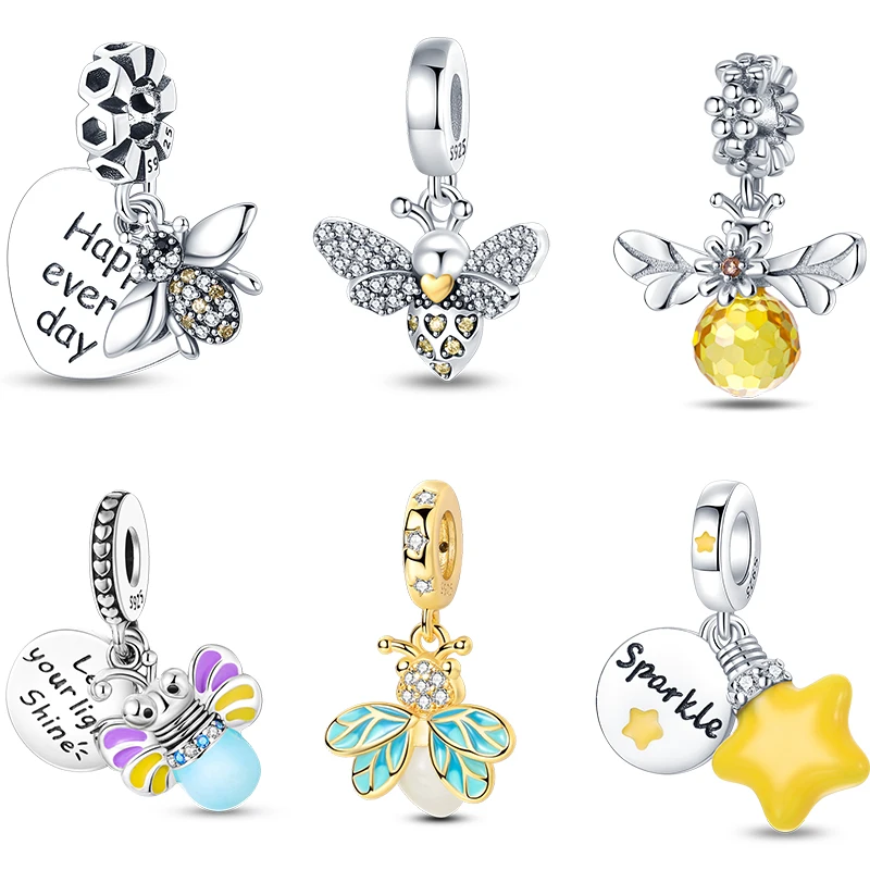 Inlaid Zircon Charm Beads 925 Sterling Silver Bee Glow In The Dark Firefly Star Charms Pendant Fit Original Bracelet DIY Jewelry