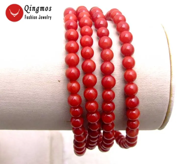 Qingmos 5mm Round Natural Red Coral Bracelet for Women  30