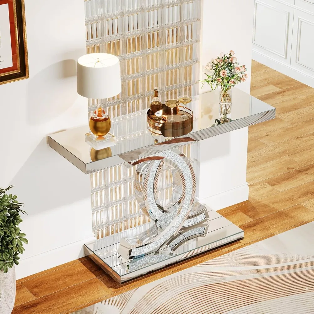 Mirrored Console Table, Modern Silver Entryway Table with Sparkling Crystal Inlays, 39-inch Glass Sofa Table Hallway Table