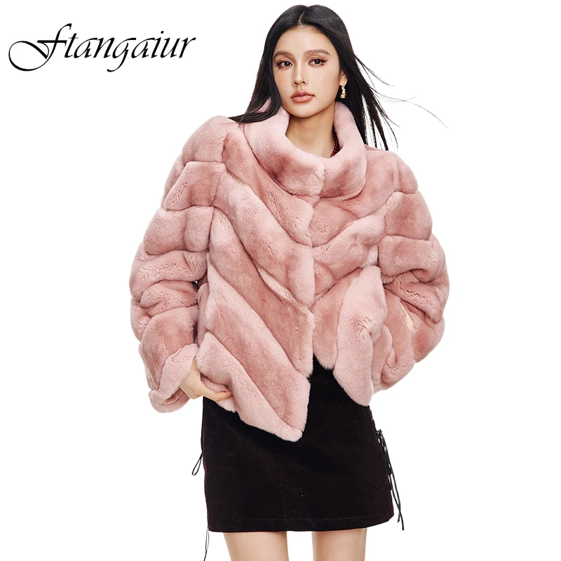 

Зимнее импортное пальто из меха кролика рекс Ftangaiur, с длинными рукавами, женское, с воротником-стойкой, в полоску, короткое, из натурального меха кролика рекс