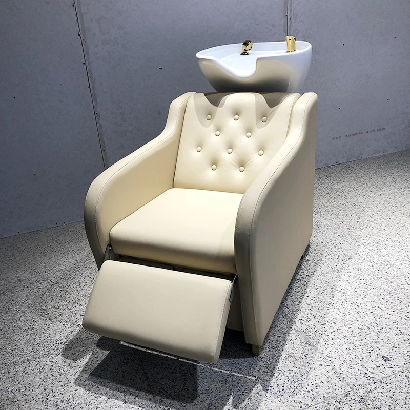 Luxurious Barbershop Furniture Beige Tufted Leather Shampoo Chair Modern Reclining Head Therapy Washing Chair with Ceramic Basin