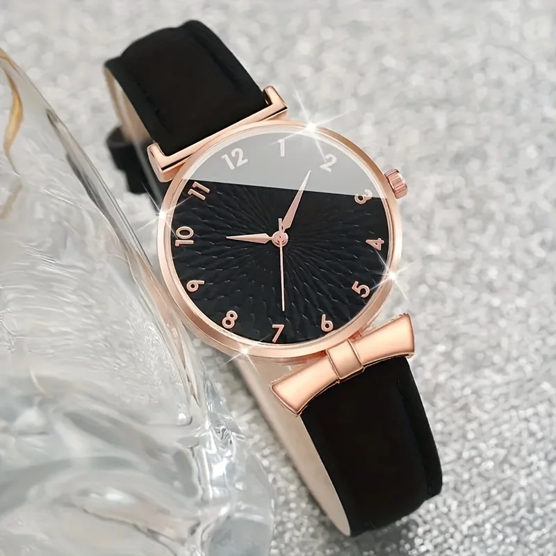 5pcs Black Round Quartz Watches with PU Leather Strap and Fashion Accessories, Valentine's Day Gifts for Her