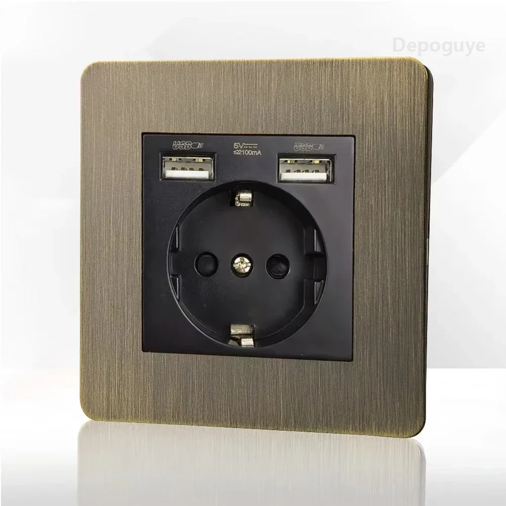 Retro Eu metalen paneel wandschakelaar lichtschakelaar stopcontact, gebronsd antiek roestvrij staal Duits 16A stopcontact met USB-telefoon opladen
