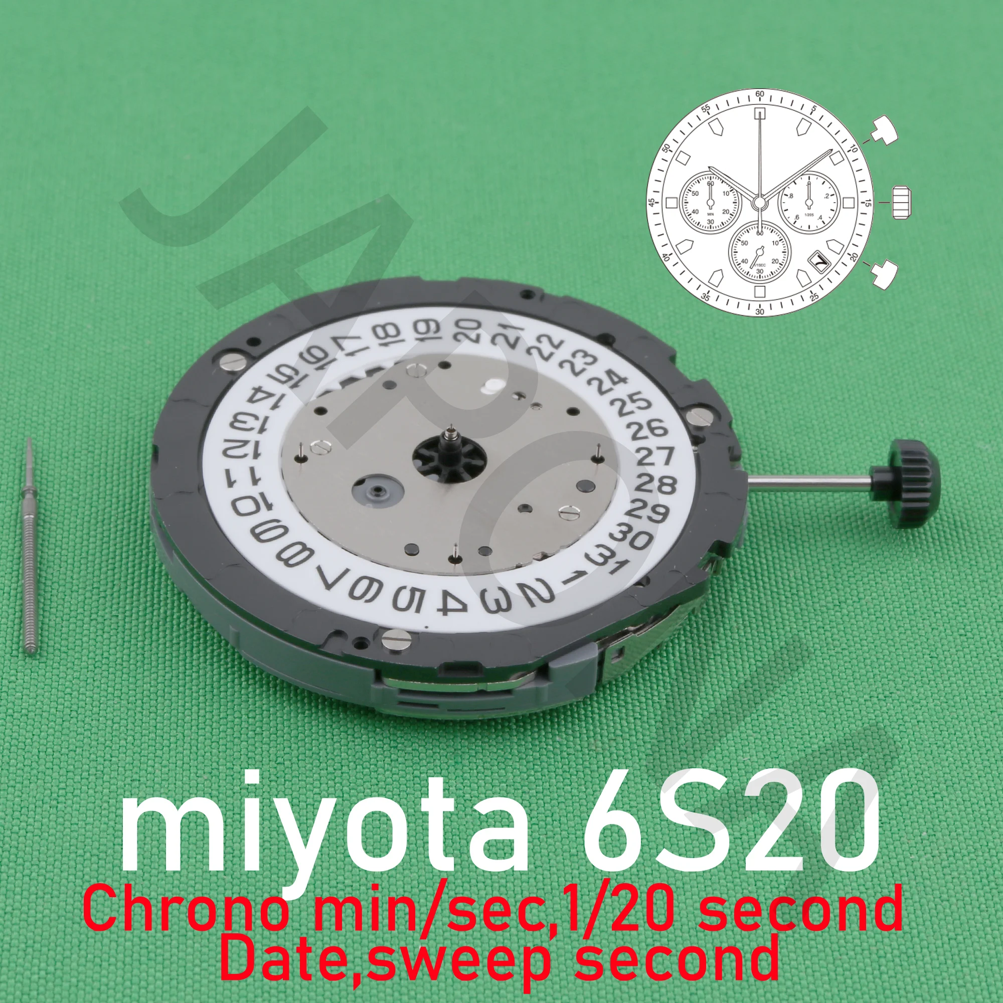 6S20 movement japan miyota 6s20 movement sweep second  Chrono min/sec, 1/20 second Date samll hands 3/6/9 6s2O