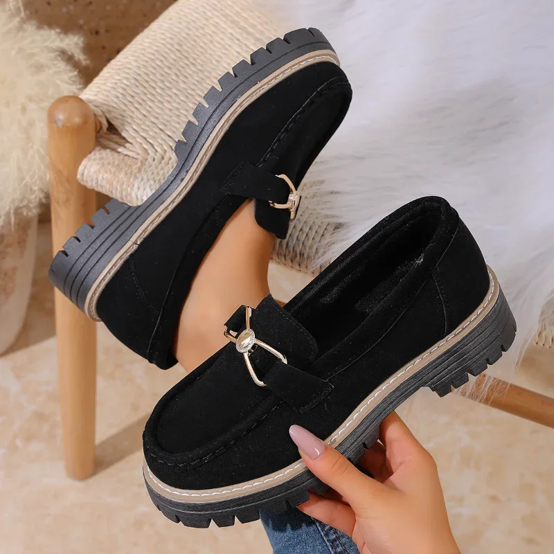 Womens Ladies Large Size Loafers Retro Autumn Frosted British Style Thick Heel Shoes Round Toe Rubber Outsole Suede Casual Shoes
