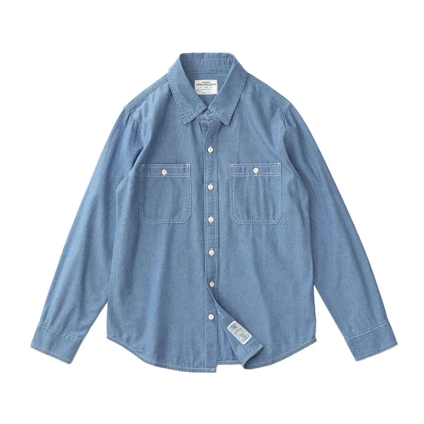 Autumn new chambray long-sleeved shirt men's American retro workwear denim washed cotton blue casual shirt