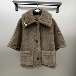 Winter Clothes Women 2024 New Fashion Short Length Teddy Bear Cape Style Sheep Wool Alpaca Silk Single Breasted