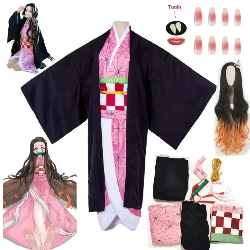 

Adult Kids Anime Nezuko Cosplay Costume Kimono Devil Hunter Kamado Nezuko Costume Wig Womens Girls Kimono Uniform Clothes