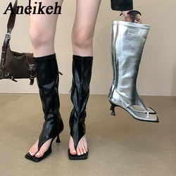 Aneikeh 2024 Sexy PU Square Head Clip Toe Sandals Boots Women's Thin Heel Side Zipper Sewing Chelsea Knee High Boots Party Ball