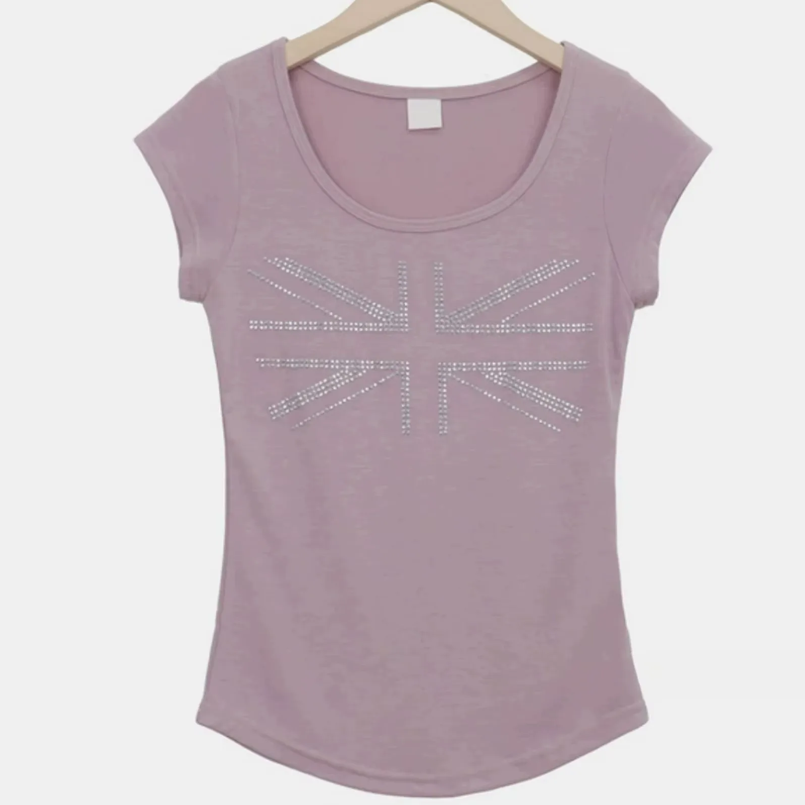 Y2K Vintage Women Union Jack Rhinestone Tee U‑Neck Cap Sleeve Slim Curved Hem Aesthetic Short Sleeve T Shirt