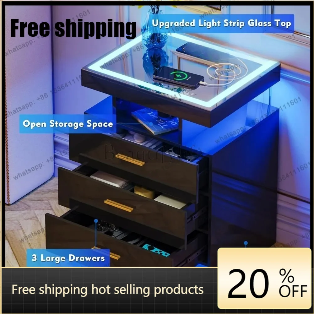 HJ Modern Bedside Table 2 Set Nightstands with Wireless Charging Station, Auto Sensor 3 Color Dimmable LED Night Stand