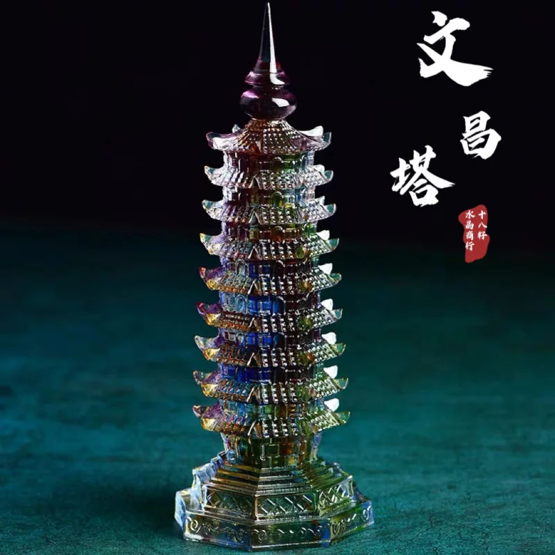 

Glass Wenchang Pagoda Ornament Nine-Layered Colorful Crystal Glass Buddha Tower Office Desk Decoration Living Room Decor