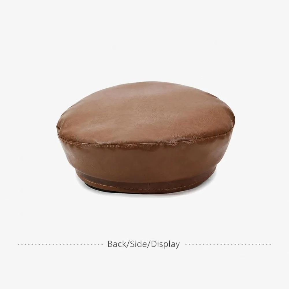 Retro PU Leather Newsboy Cap Chain Decor Solid Color Flat Top Cap Short Brim Adjustable Strap Beret Hat For Women