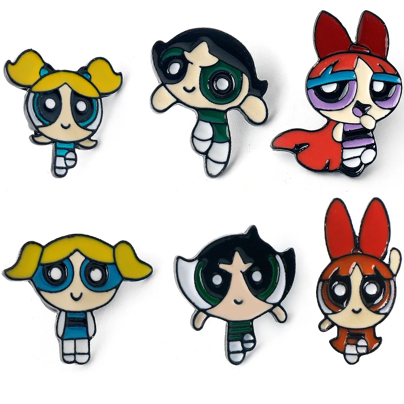 Funny Cartoon Powerpuff Girls Enamel Pins for Backpack Brooch Accessories Anime Jewelry Clothing Pins Gift for Kids