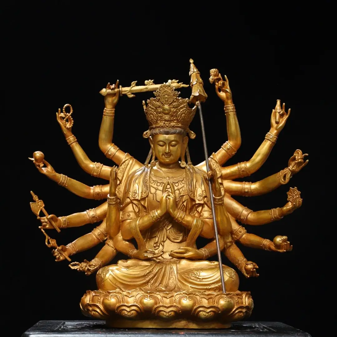 Cundi 18-Armed Bodhisattva Statue Brass Gold Plated Antique Desktop Altar Figurine Home Decoration