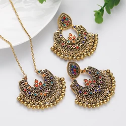 Ethnic Multicolor Crystal Geometric Tassel Earrings Set Women Retro Gold Plated Beads Pendant Jewelry Sets Bride Wedding Bijoux