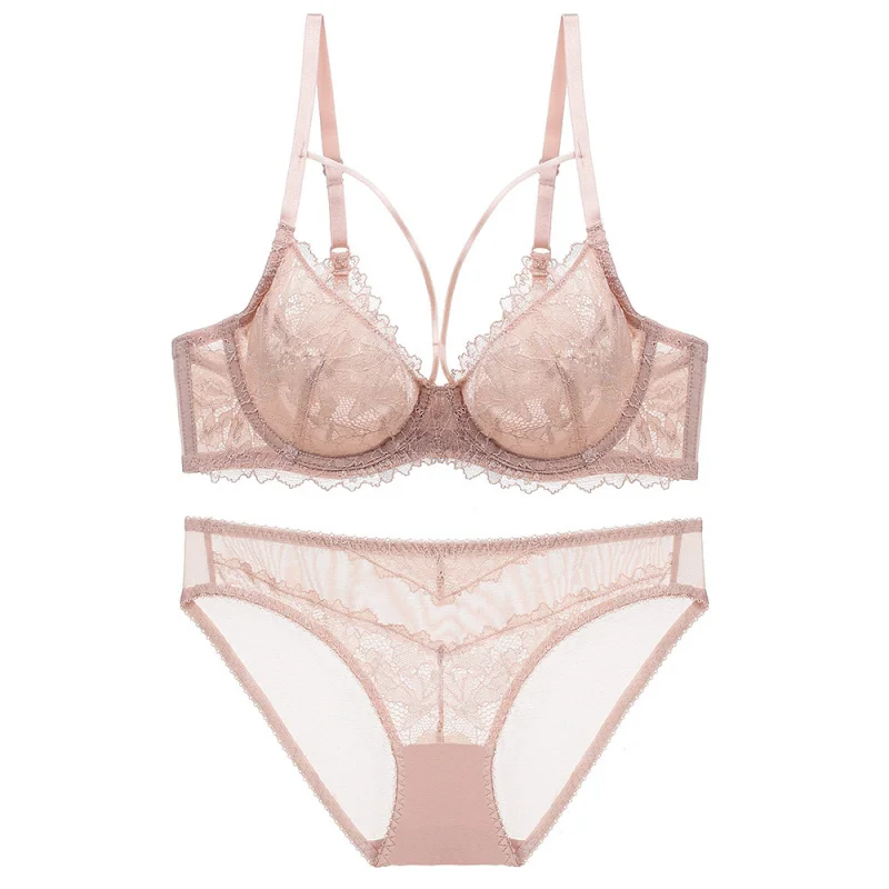 

Lady Sexy Underwear Bra Set Big Chest Small Thin Sponge-Free Transparent Bra Lace Bra
