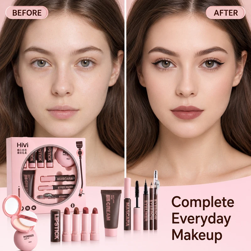 9PCS Makeup Gift Set for Women, All-in-One Lipstick Mascara Eyeliner BB Cream Powder Compact, Travel Beauty Kit for Beginners