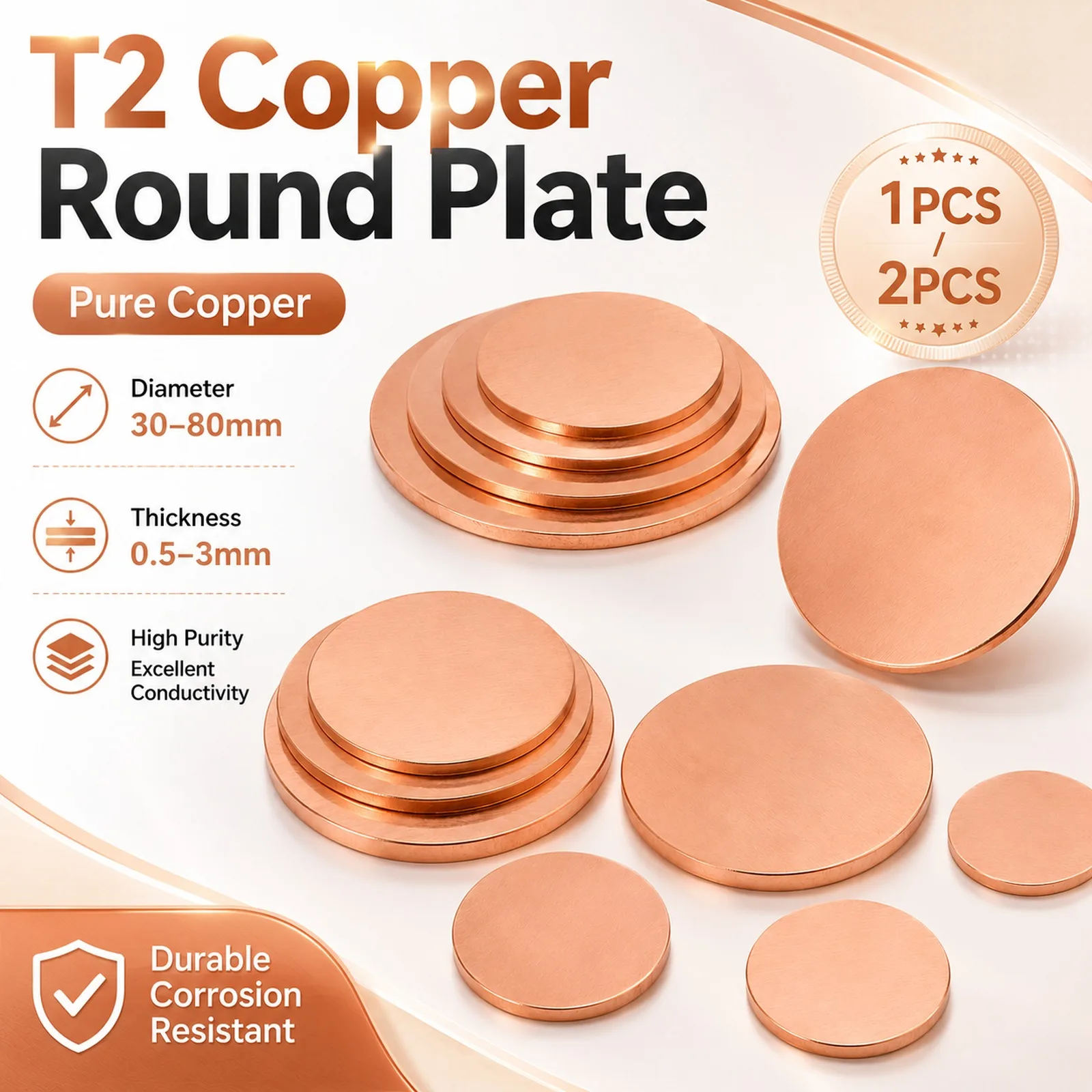 T2 99.9% Pure Copper Disc Round Plate - 0.1-5mm Thick, 30-50mm Diameter for Crafts, Electrical, Heat Sink & Industrial Use
