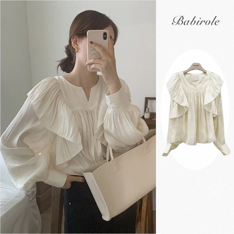 Korean Style Solid Loose Ruffled Folds Women Blouse Long Sleeve Casual Lantern Sleeve Women Blouse Half Open Collar Lady Tops