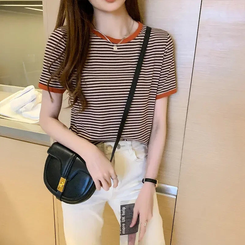 Tops Woman Summer Outfit T Shirt for Women Baggy Short Sleeve Striped New in Knitwears Yk2 Korean Y2k Fashion Korea Clothing Tee